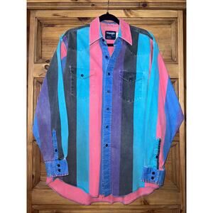 Vtg 90s Wrangler Brushpopper Shirt Red Blue Purple Striped X Long Tails Western